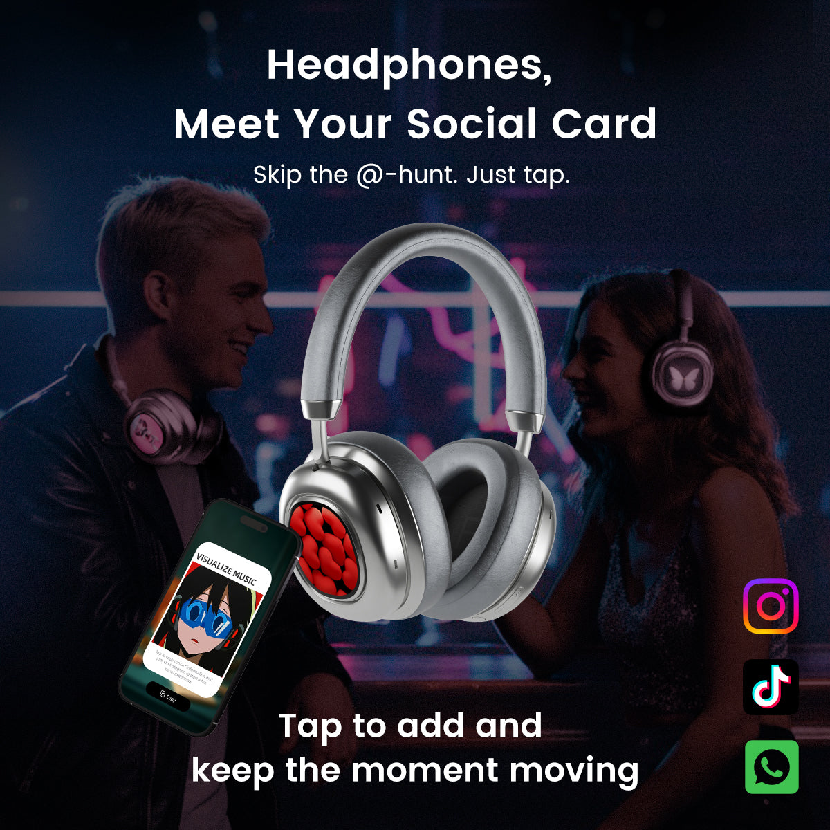 MorningBlues Headphones VWS X1 with sleek silver design shown with social media sharing features on smartphone.