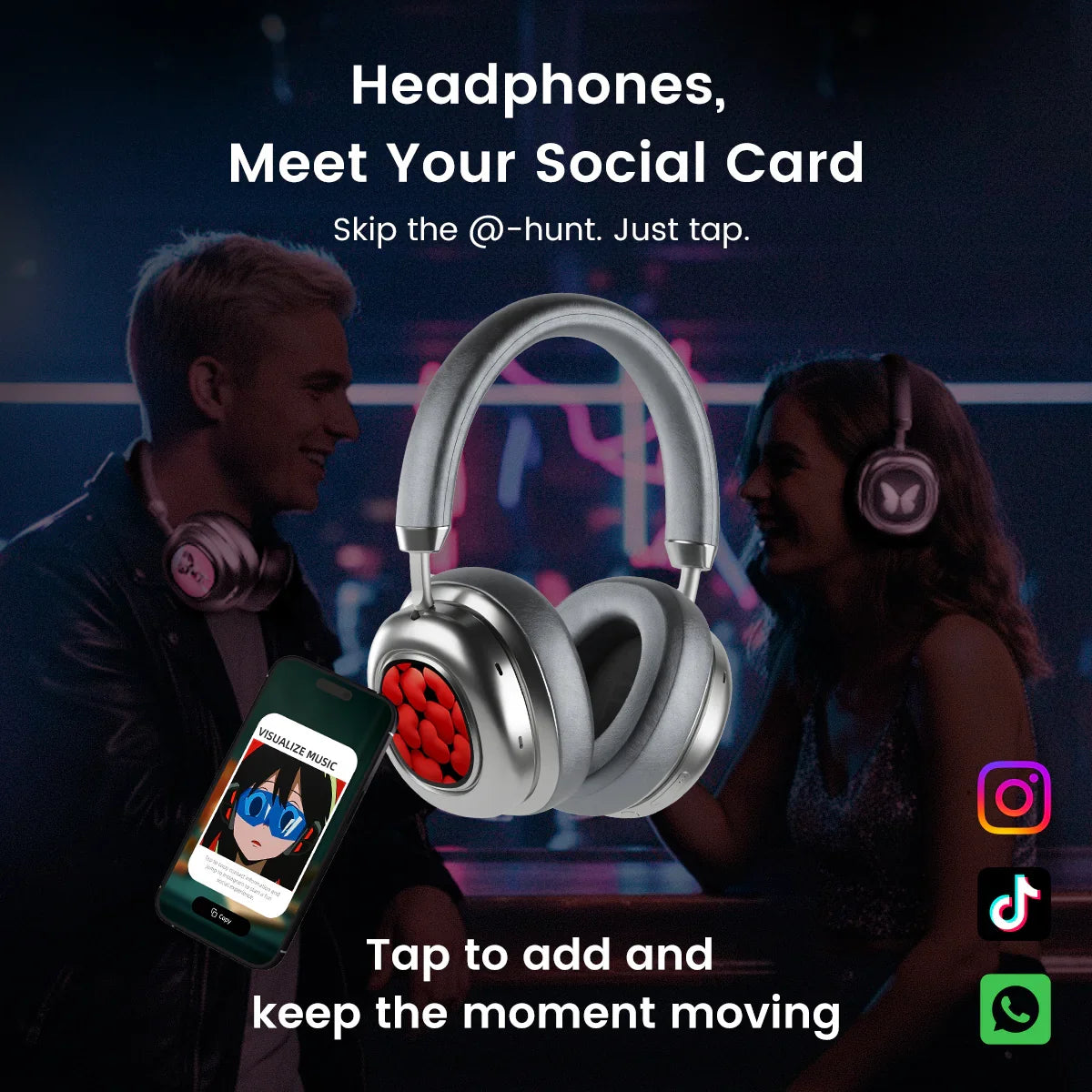 MorningBlues Headphones VWS X1 with sleek silver design shown with social media sharing features on smartphone.