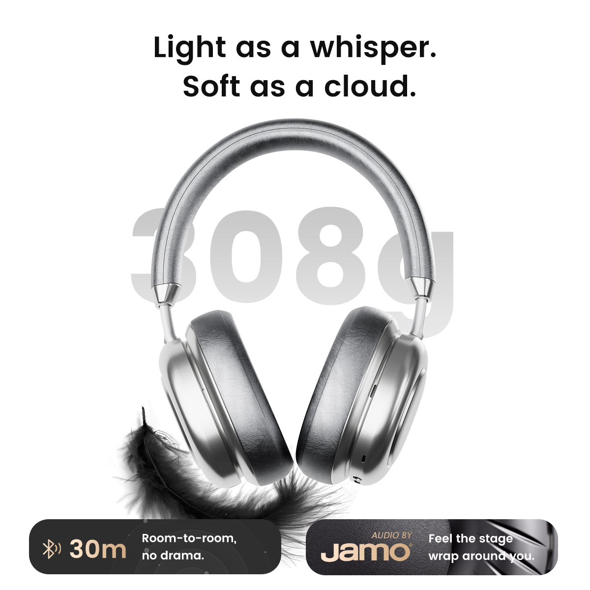 MorningBlues Headphones VWS X1 in silver with soft ear cushions and wireless Bluetooth 30m range, designed for comfort and clear audio.