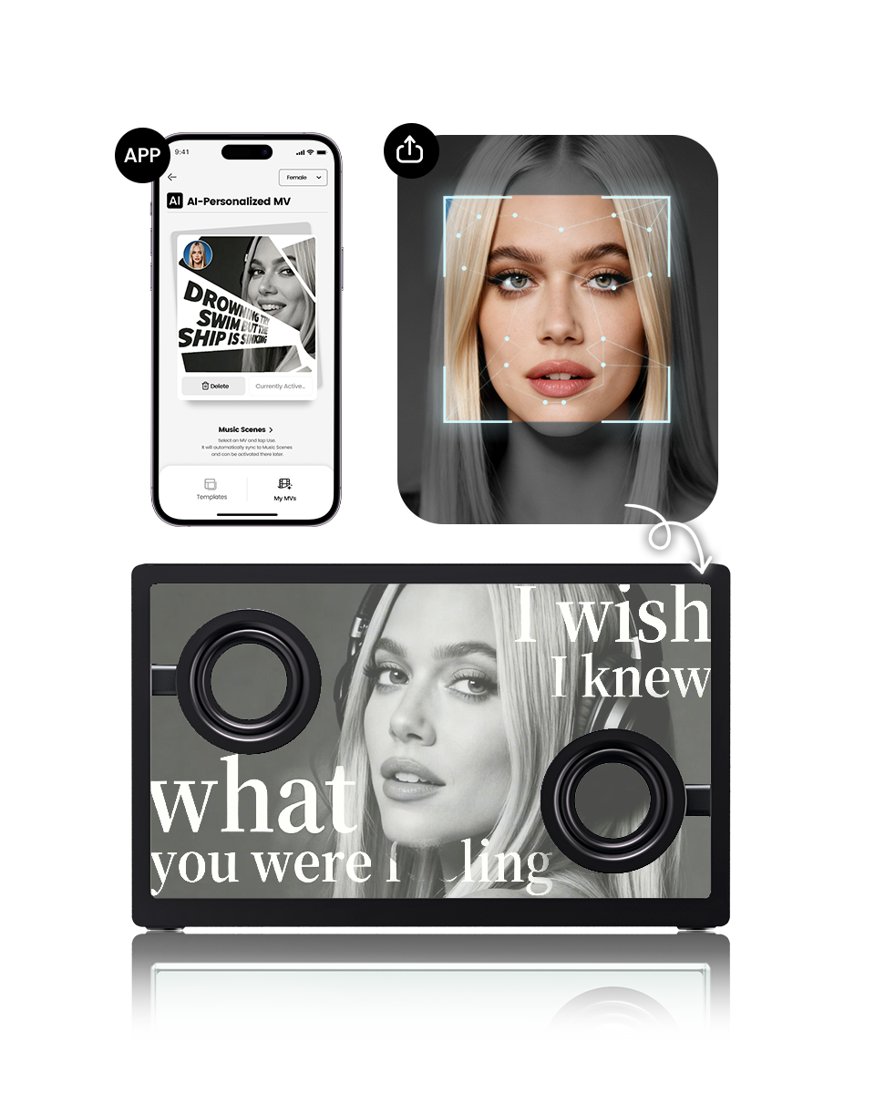 Smart mirror with app interface displaying a woman's face and text 'I wish I knew what you were feeling'.