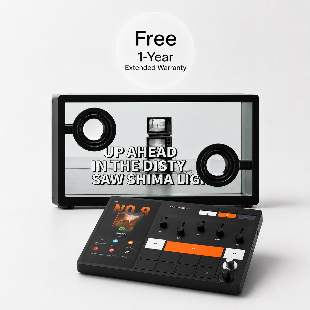 A black digital audio workstation controller labeled 'NO.8 Microstation' is shown in front of a matching monitor screen, with a promotional badge above reading 'Free 1-Year Extended Warranty'.