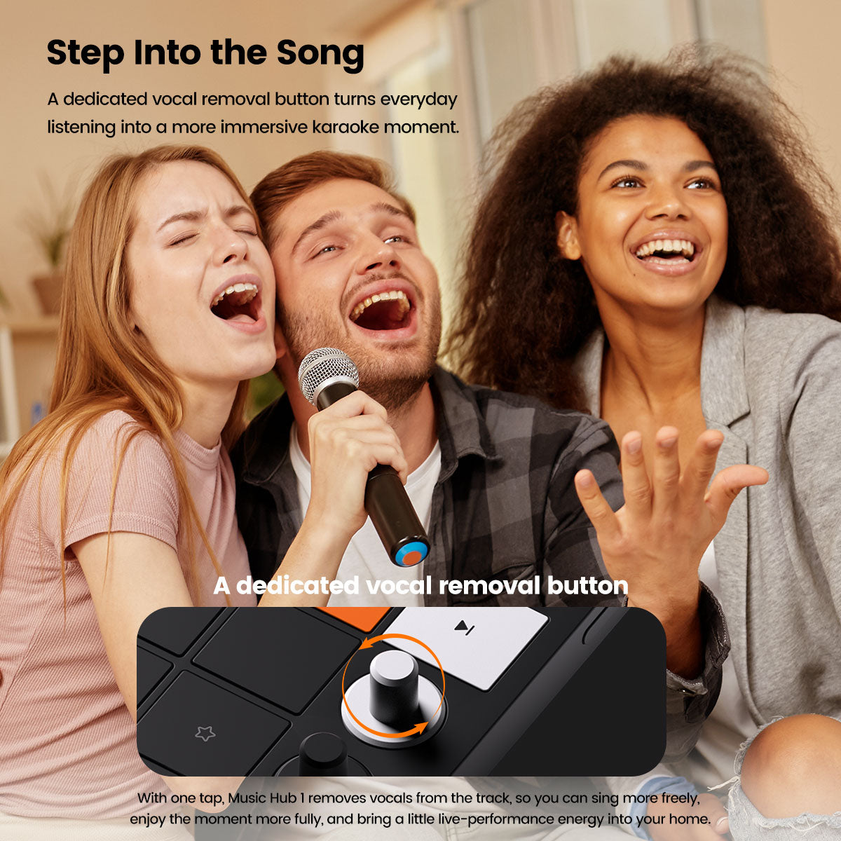 Three people singing with a microphone, featuring a product with a vocal removal button.