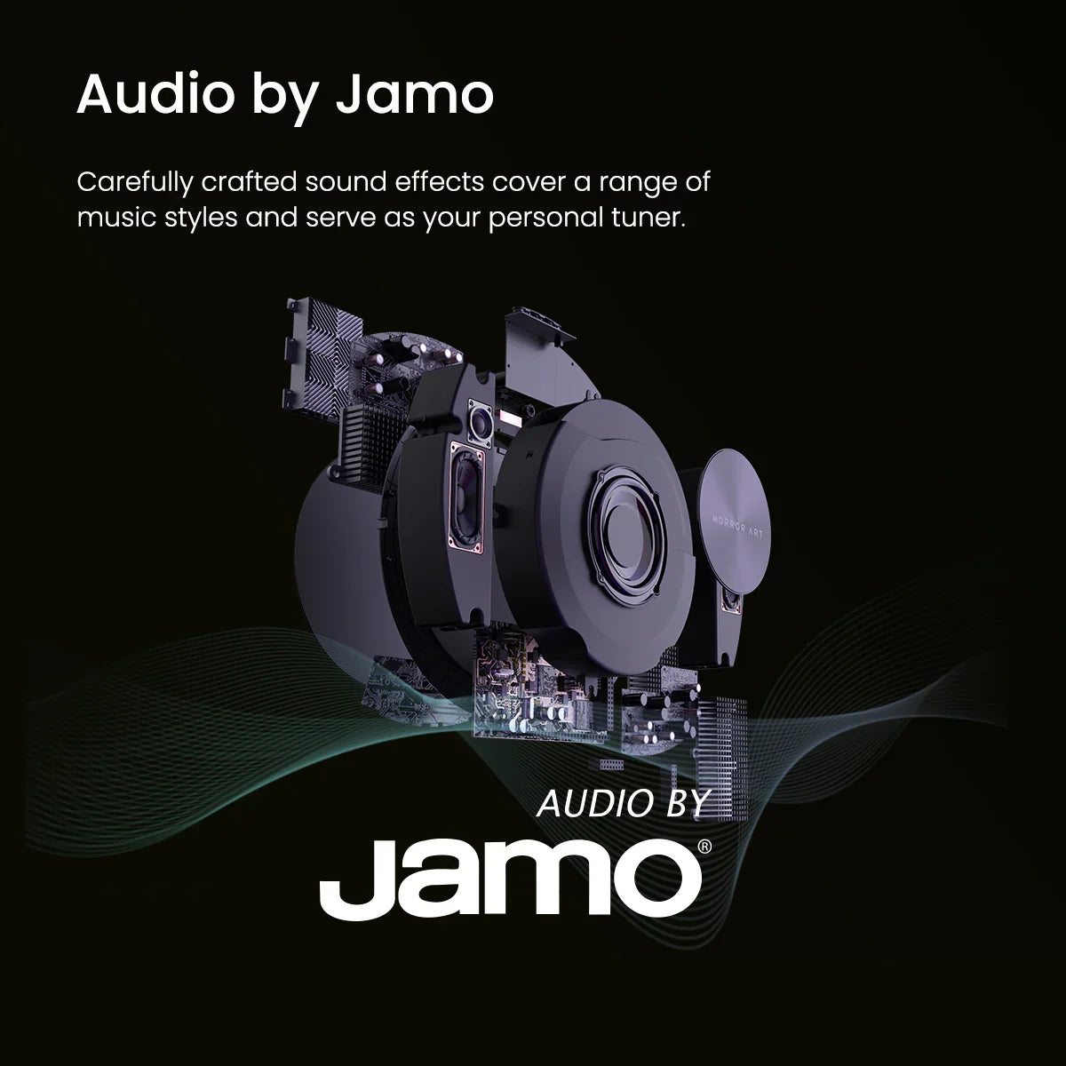 Exploded view of MorningBlues Record R1 speaker showcasing Jamo audio technology and internal sound components on black background