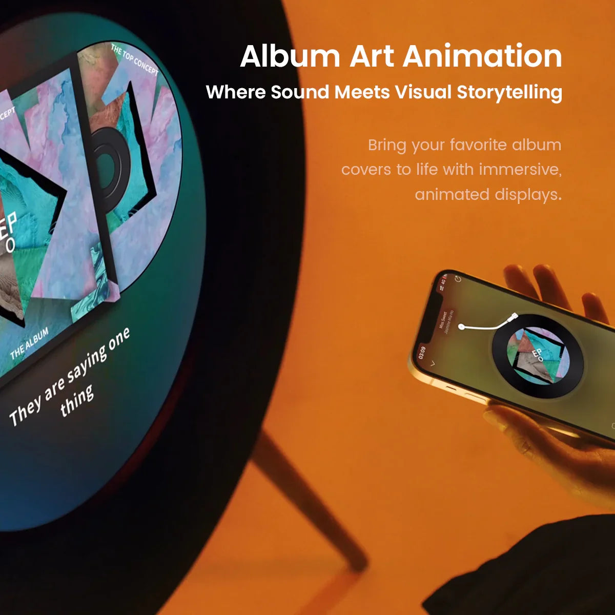 MorningBlues Stereo Record R1 Speaker displaying real-time animated album cover with customizable lyrics and hi-fi sound quality.