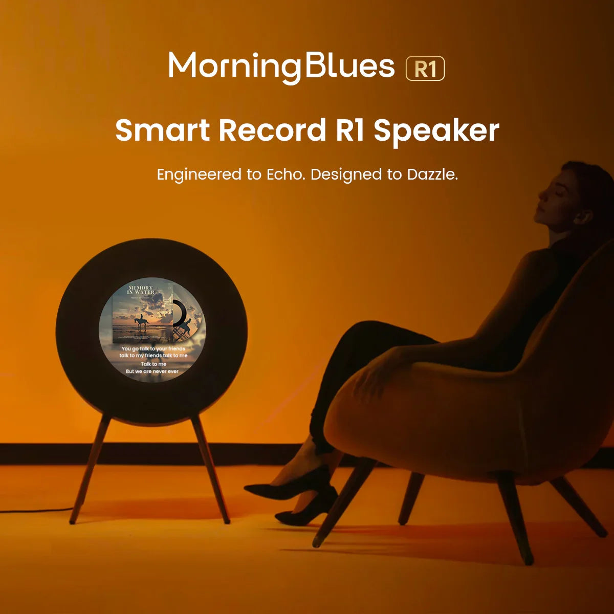 MorningBlues Stereo Record R1 Speaker with real-time album cover, customizable lyrics, and Jamo Hi-Fi sound quality.