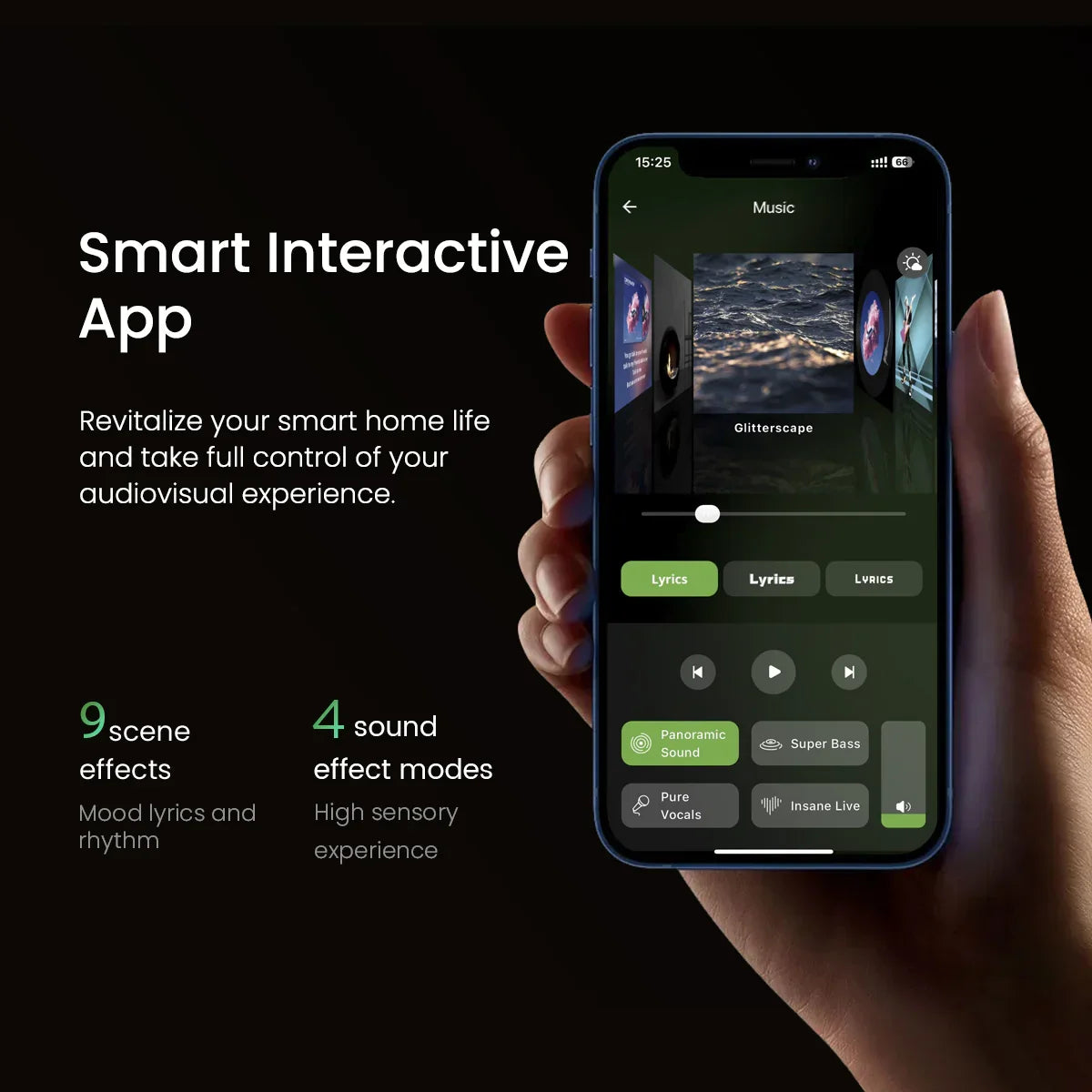 Hand holding smartphone displaying MorningBlues Record R1 smart interactive app with sound and scene controls