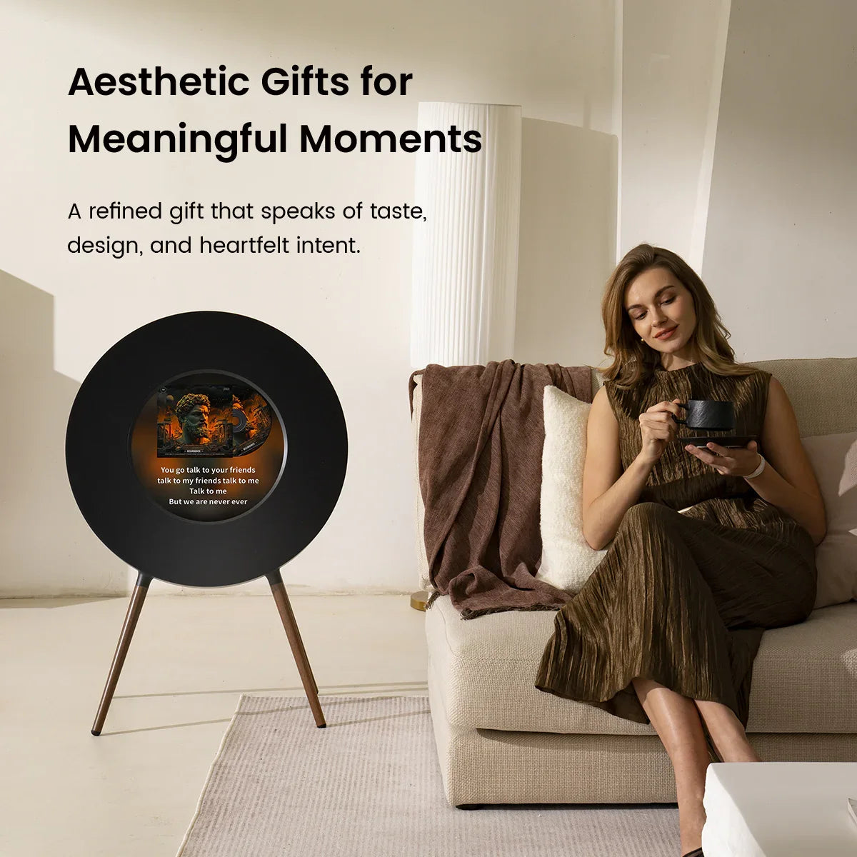 MorningBlues Stereo Record R1 Speaker with real-time album cover, dynamic mood lyrics, and Jamo Hi-Fi sound quality.
