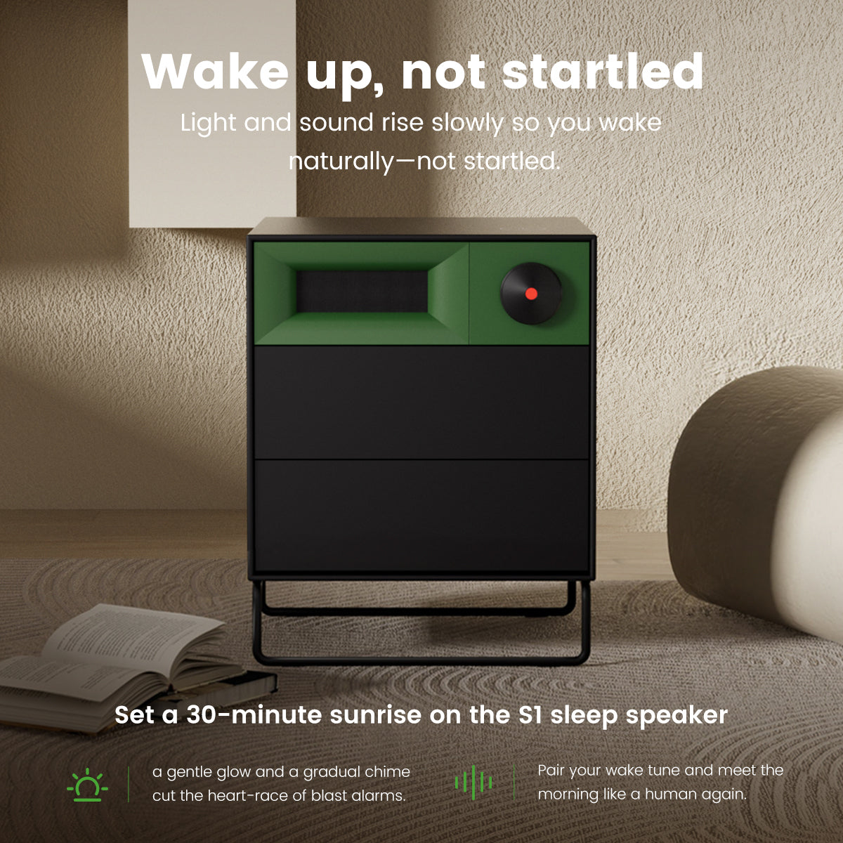 MorningBlues Stereo Nightstand Speaker S1 with gradual light and sound wake-up, neoplasticism design, and wireless charging drawer.