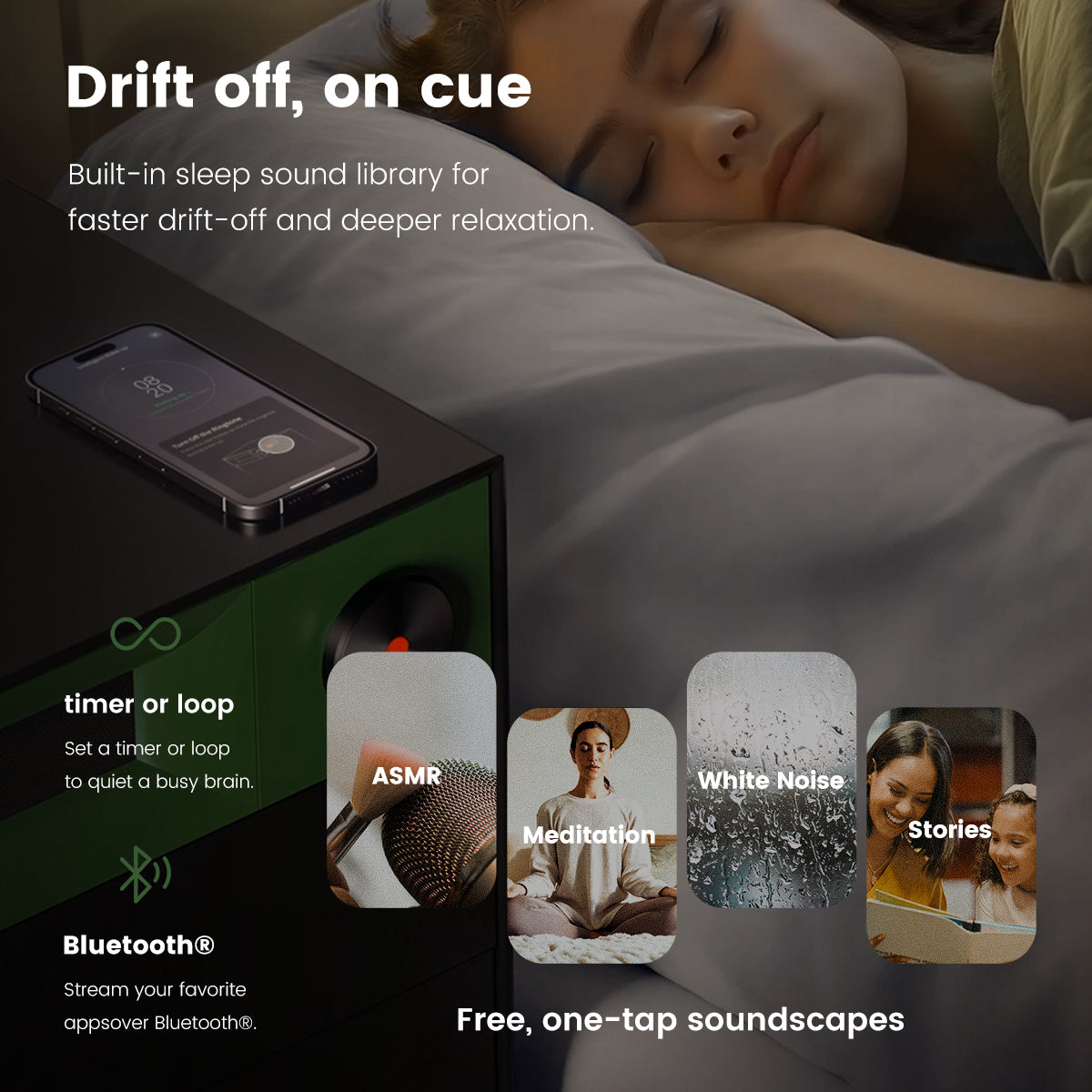 Woman sleeping beside MorningBlues Stereo Nightstand Speaker featuring Bluetooth and built-in sleep sound library options