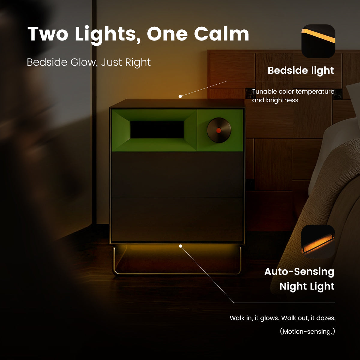 MorningBlues Nightstand Speaker showing tunable bedside light and motion-sensing auto night light in a bedroom setting