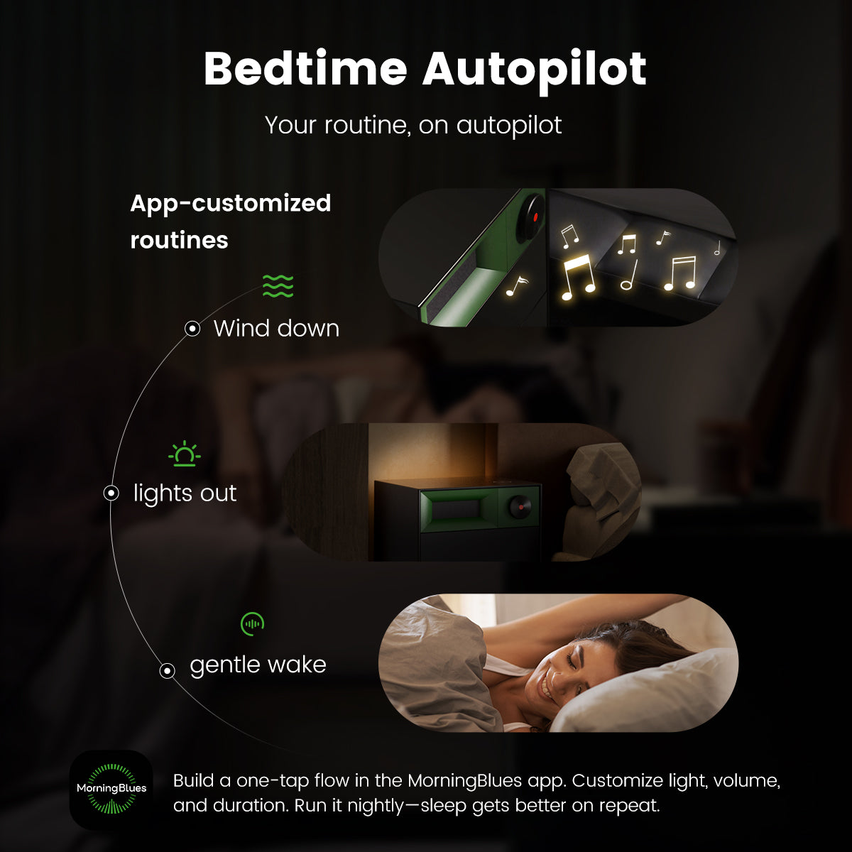 Wireless lyrics speaker on nightstand, bedtime routine app, relaxing music, woman sleeping