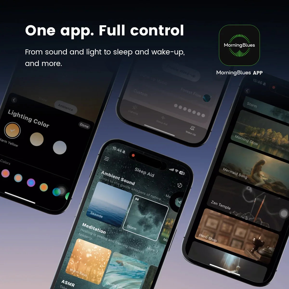 Smartphone app interface with 'MorningBlues' app on a dark background