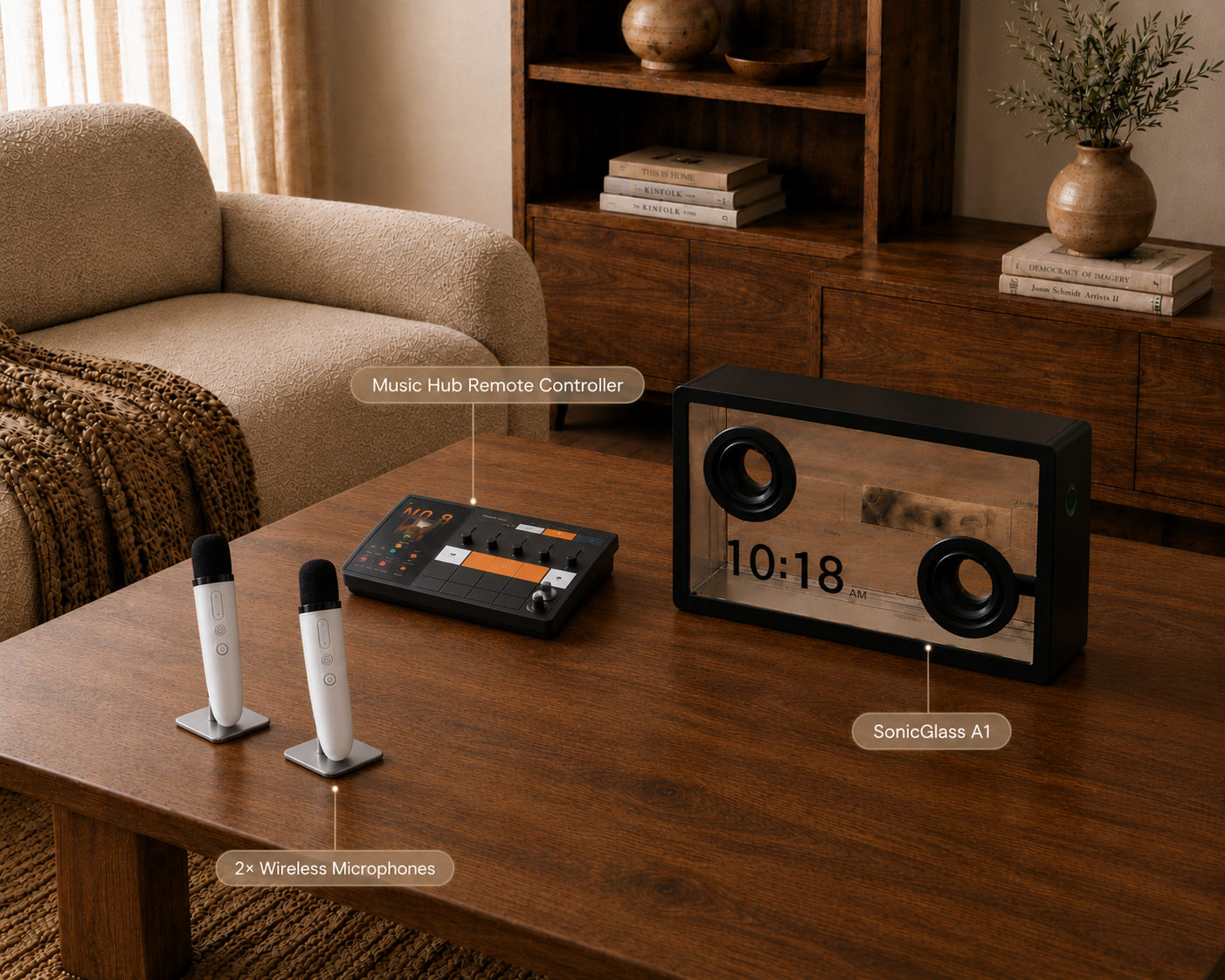 A music streaming device set displayed on a wooden coffee table in a cozy living room. The set includes a black Music Hub Remote Controller, two white and black SonicGlass A1 wireless microphones on stands, and a black and wood SonicGlass A1 speaker device.
