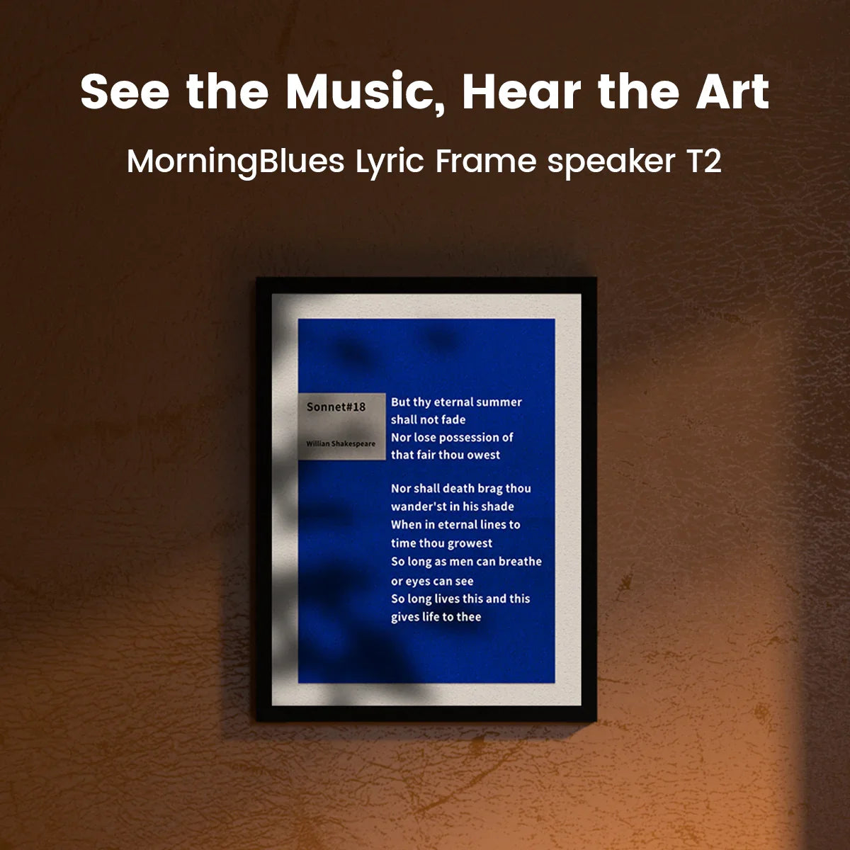 Framed speaker displaying Shakespeare's Sonnet 18 lyrics with blue background on textured wall for MorningBlues Stereo Frame T2