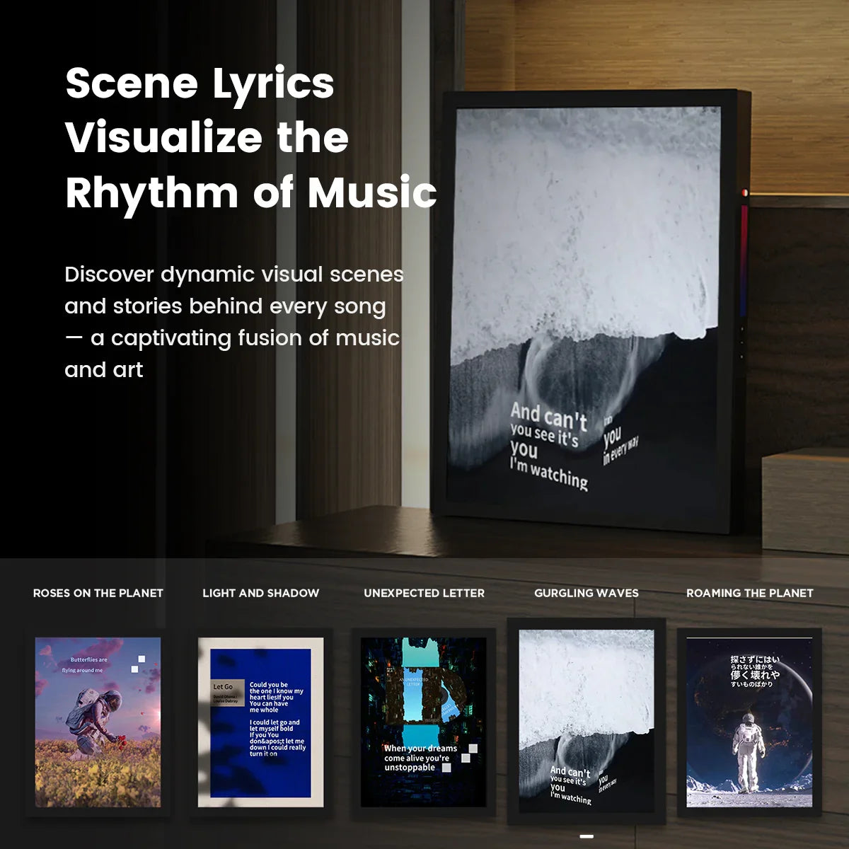 MorningBlues Stereo Frame Lyrics Speaker T2 displaying dynamic visual song scenes blending music and art with rhythmic lyrics.
