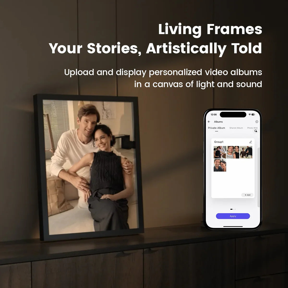 MorningBlues Stereo Frame showing personalized video album displayed on high-resolution screen next to smartphone app interface.