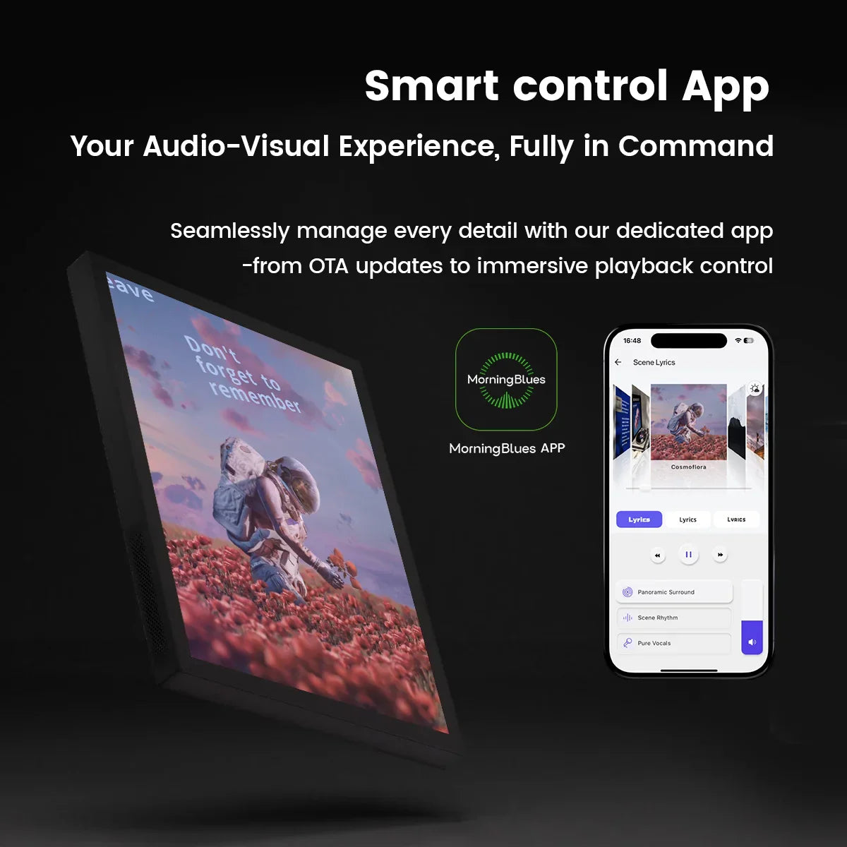 MorningBlues Stereo Frame Lyrics Speaker T2 with smart control app for seamless audio-visual management and playback control