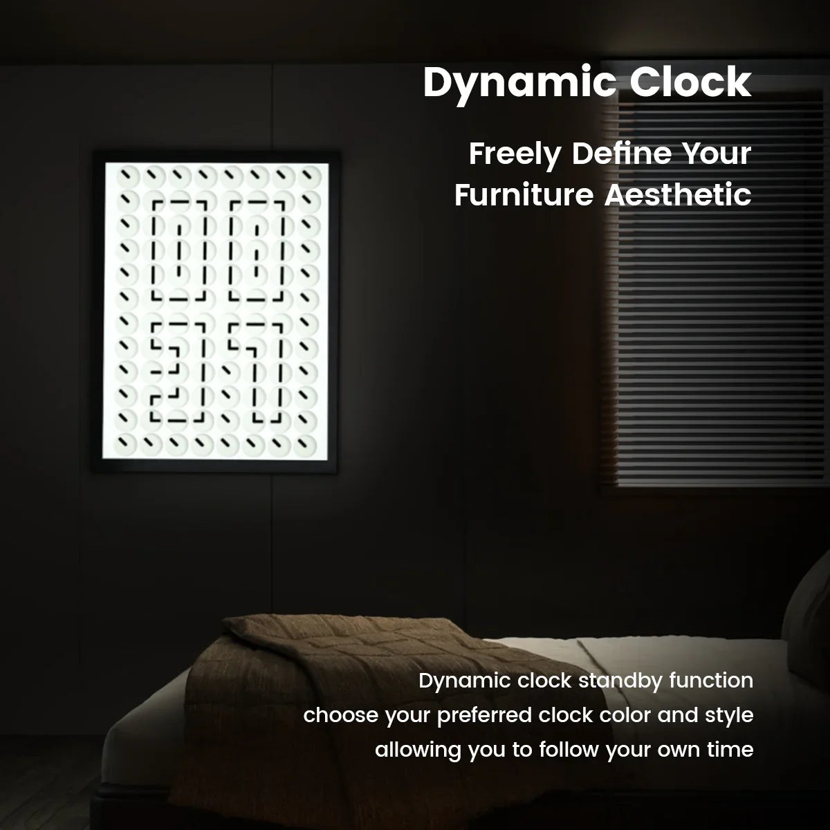 Modern wall-mounted dynamic clock with customizable color and style matching furniture aesthetics in a dark room setting