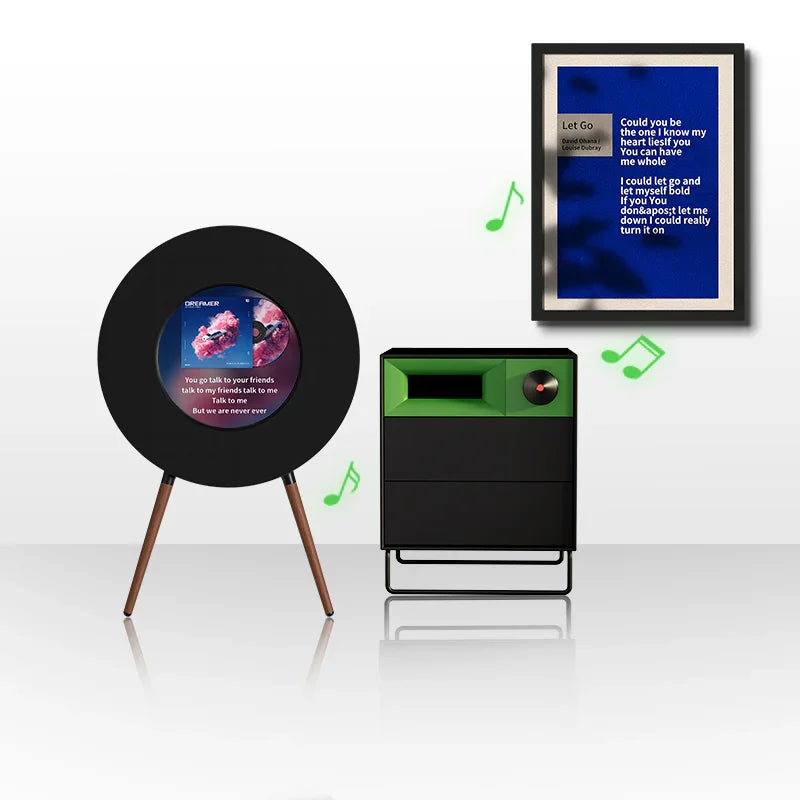 MorningBlues Record R1 with real-time album cover, dynamic mood lyrics, custom clock, Hi-Fi sound, and mirror display technology