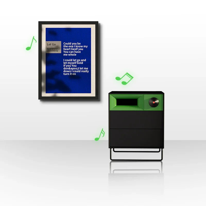 MorningBlues Stereo Frame Lyrics Speaker T2 playing music with dynamic lyrics display on a wall-mounted screen.