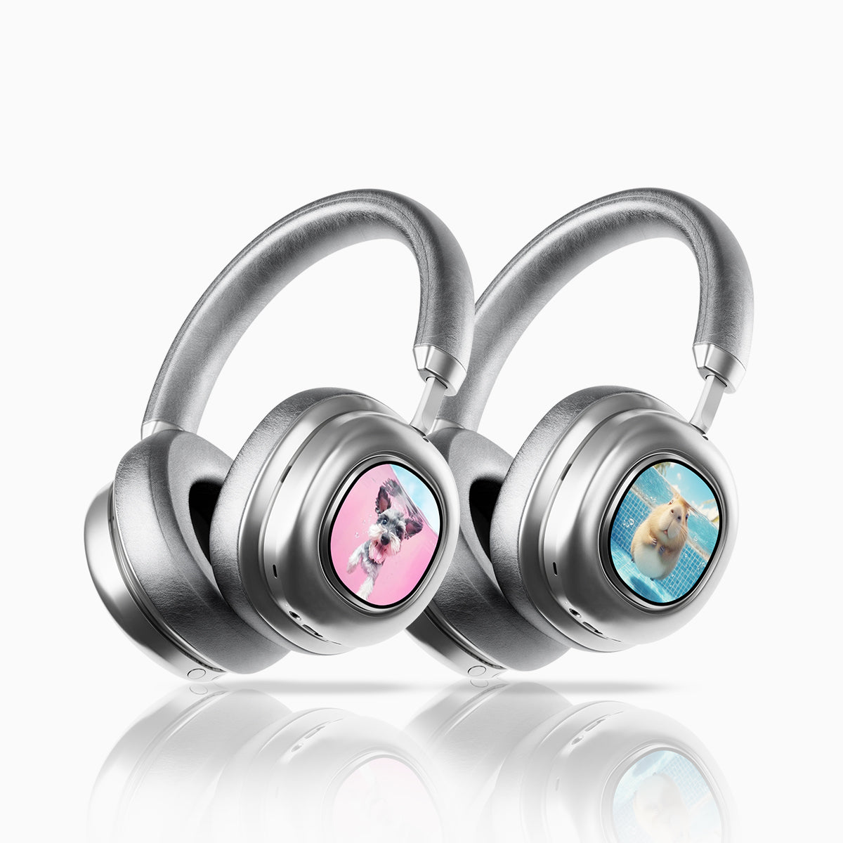 Silver MorningBlues Headphones VWS X1 with customizable ear cup displays showing animal images on a white background