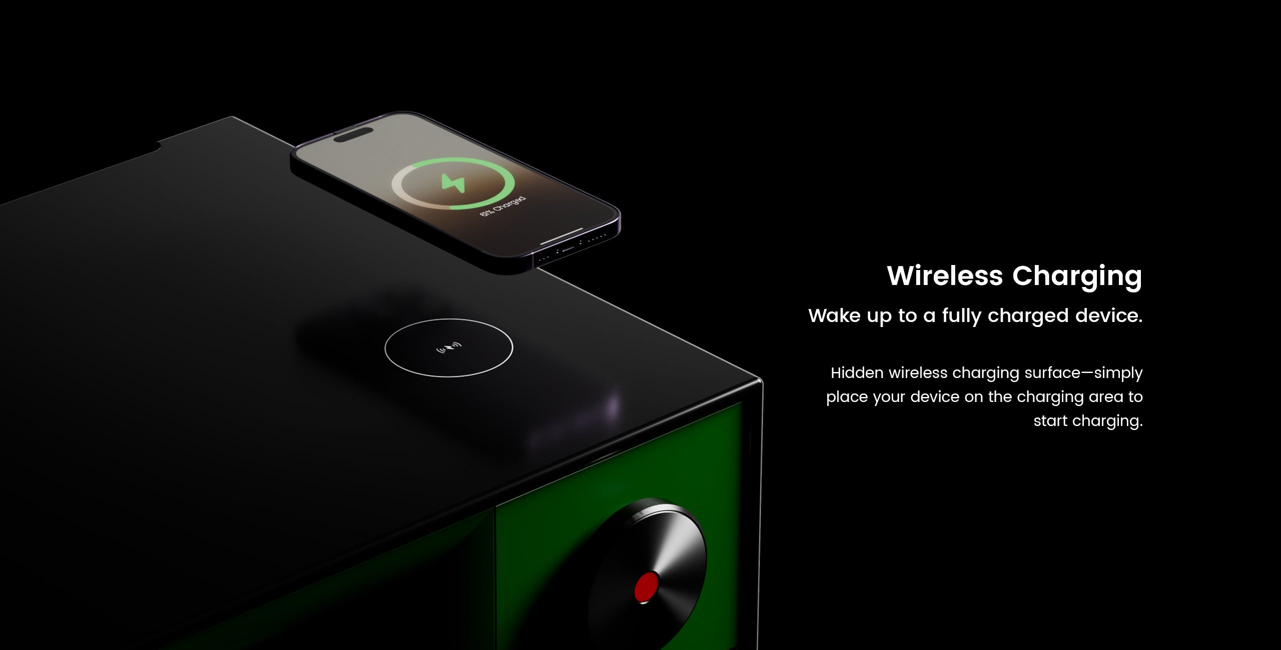 Wireless charging surface with a smartphone on a black background
