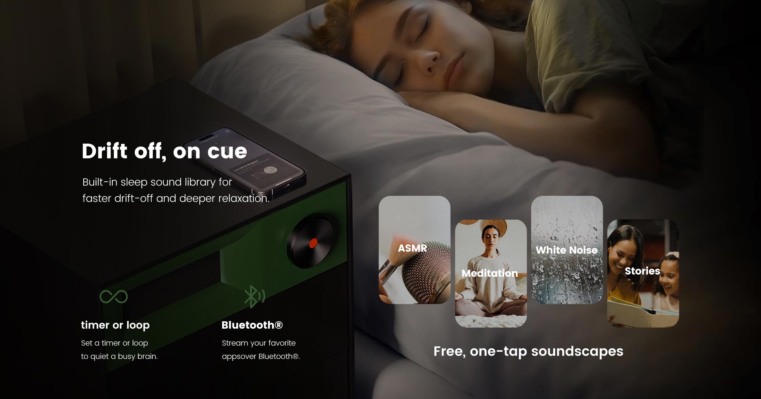 Person sleeping with a device displaying sleep aid features on a dark background