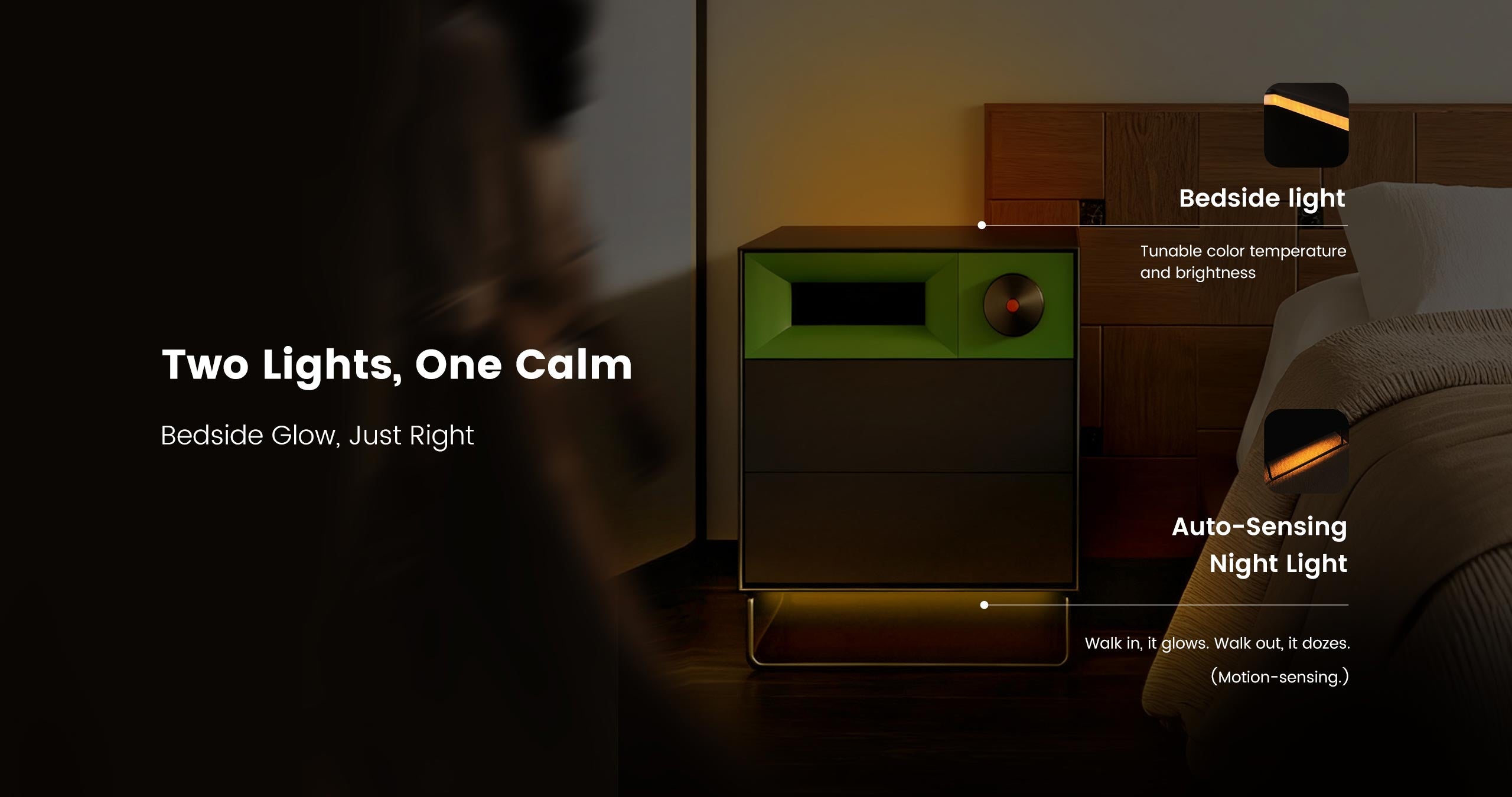 Bedside light with auto-sensing night light feature in a bedroom setting