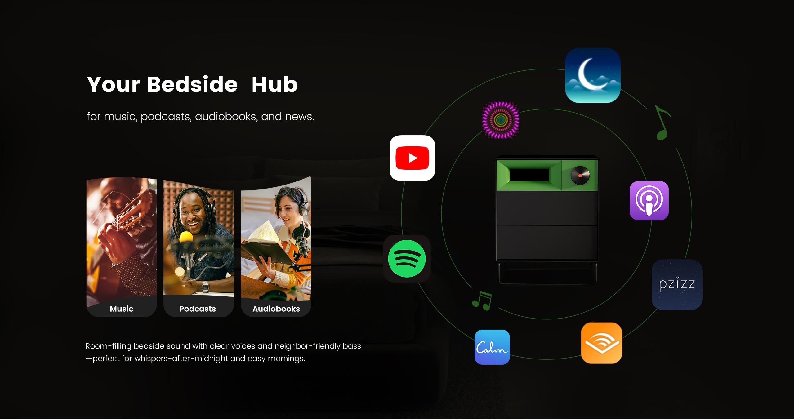 Bedside hub interface with various app icons on a dark background