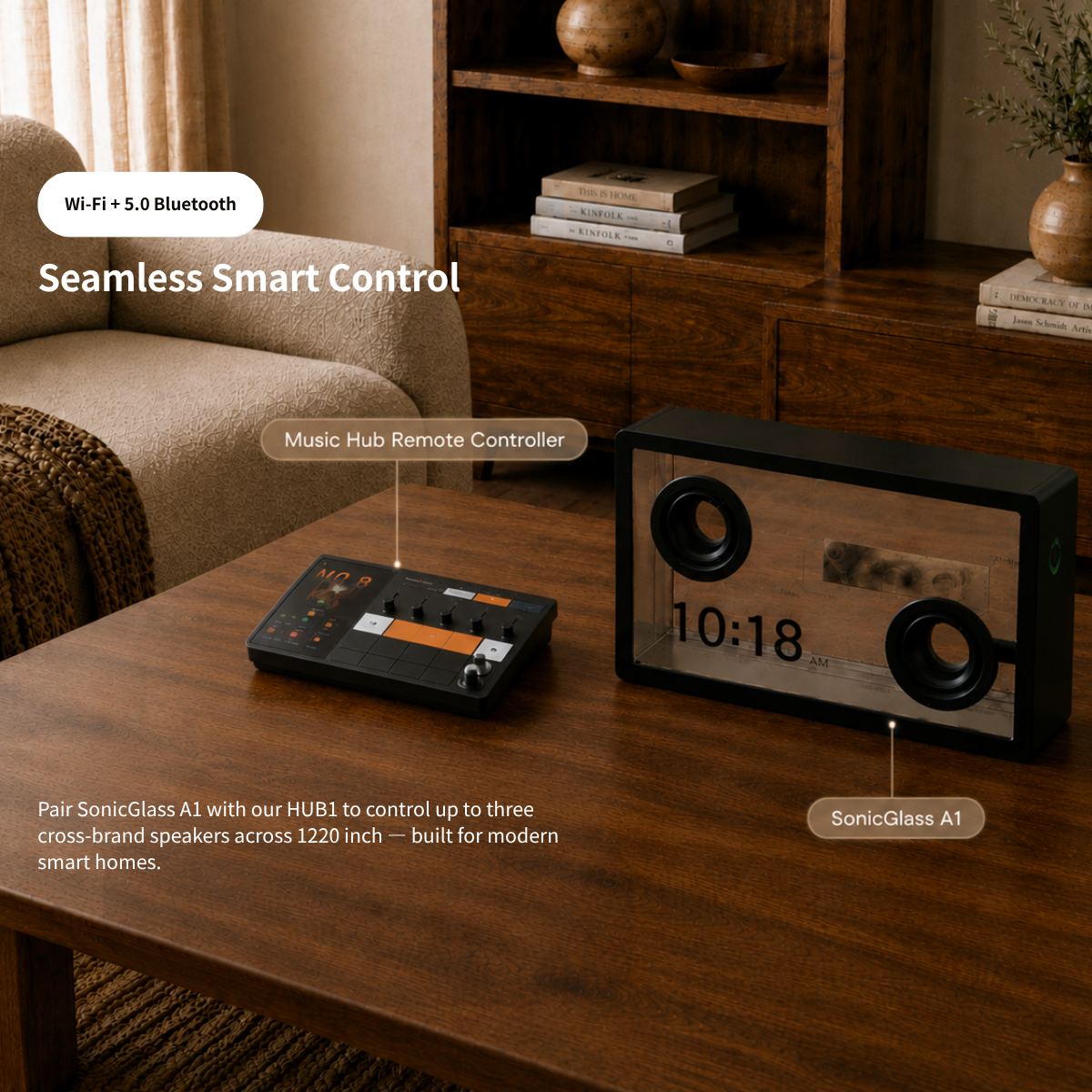 A black rectangular SonicGlass A1 smart speaker clock sits on a wooden coffee table in a modern living room, shown alongside a music hub remote controller. The scene includes on-screen callouts reading 'Seamless Smart Control,' 'Music Hub Remote Controller,' and 'SonicGlass A1,' plus text noting Wi-Fi + 5.