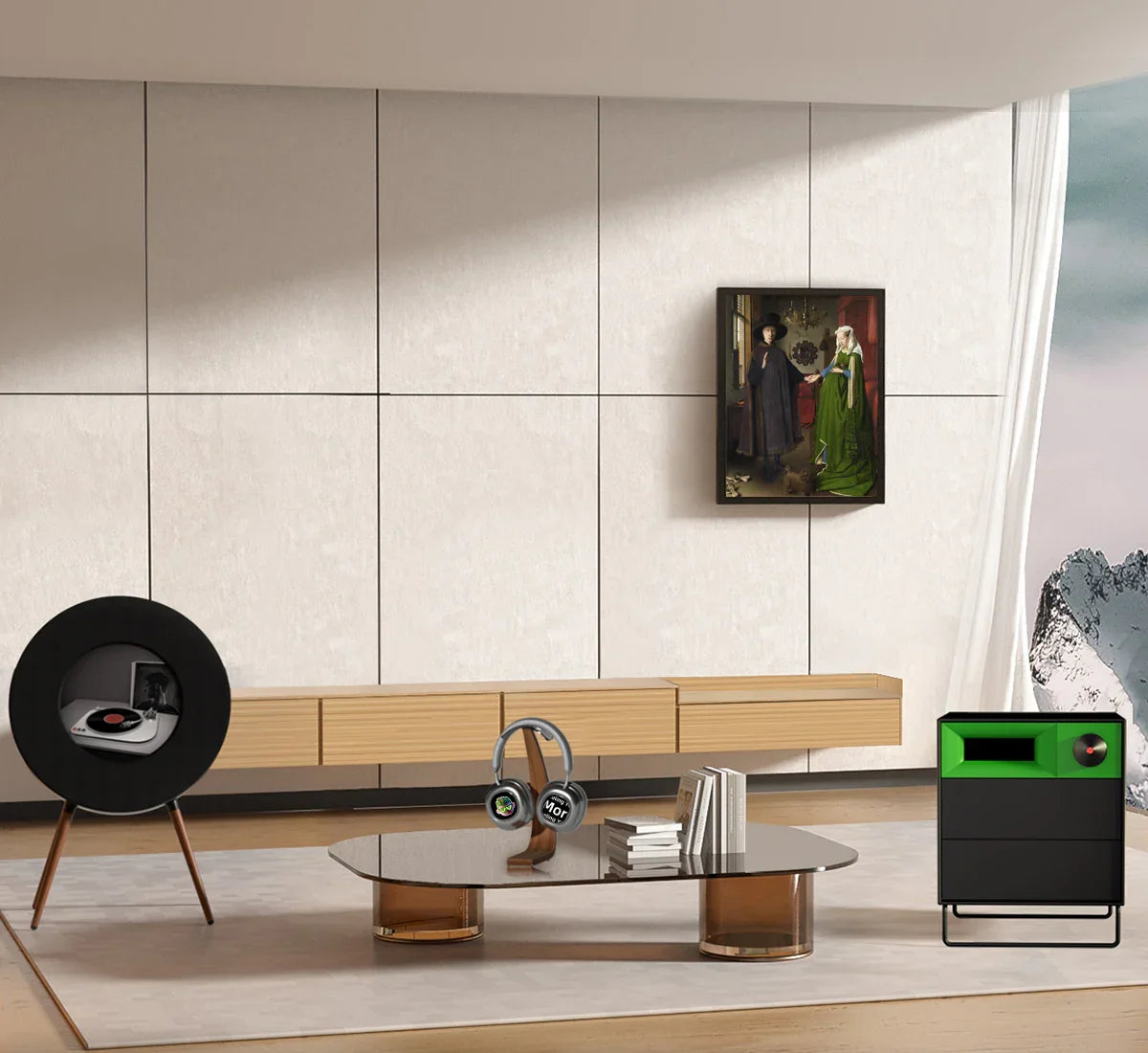 Modern living room setup featuring Collections A- For Bork Only with R1, X1, T2, and S1 speakers and headphones.