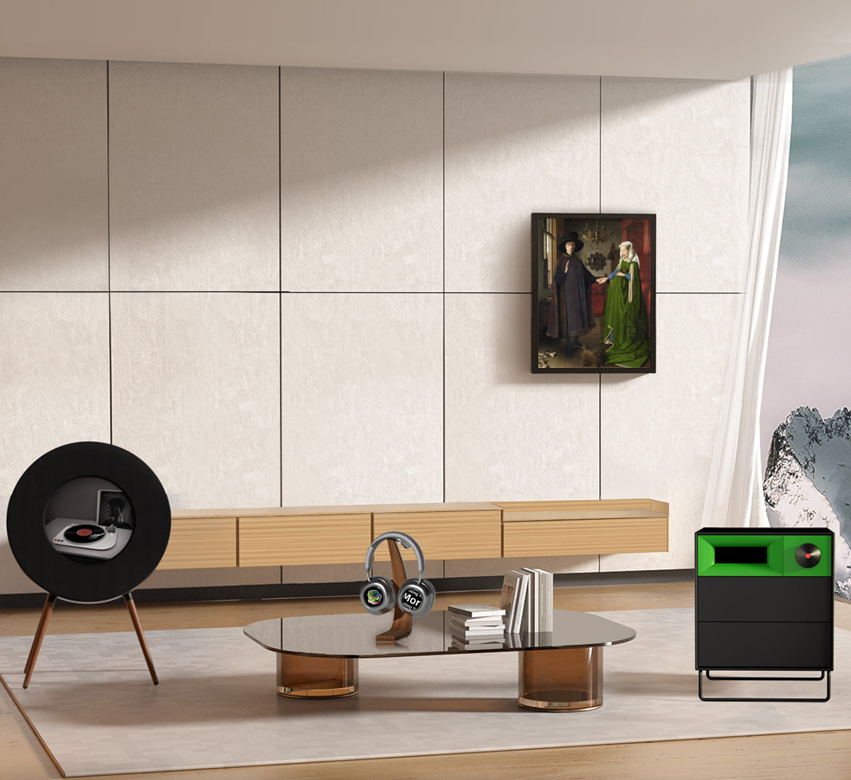 Modern living room setup featuring Collections A- For Bork Only with R1, X1, T2, and S1 speakers and headphones.