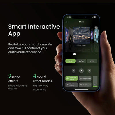 Hand holding smartphone displaying MorningBlues Record R1 smart interactive app with sound and scene controls