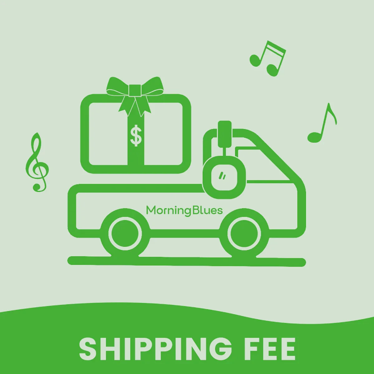 Green delivery truck carrying a gift box with dollar sign and headphones representing Shipping Fee product on Shopify.