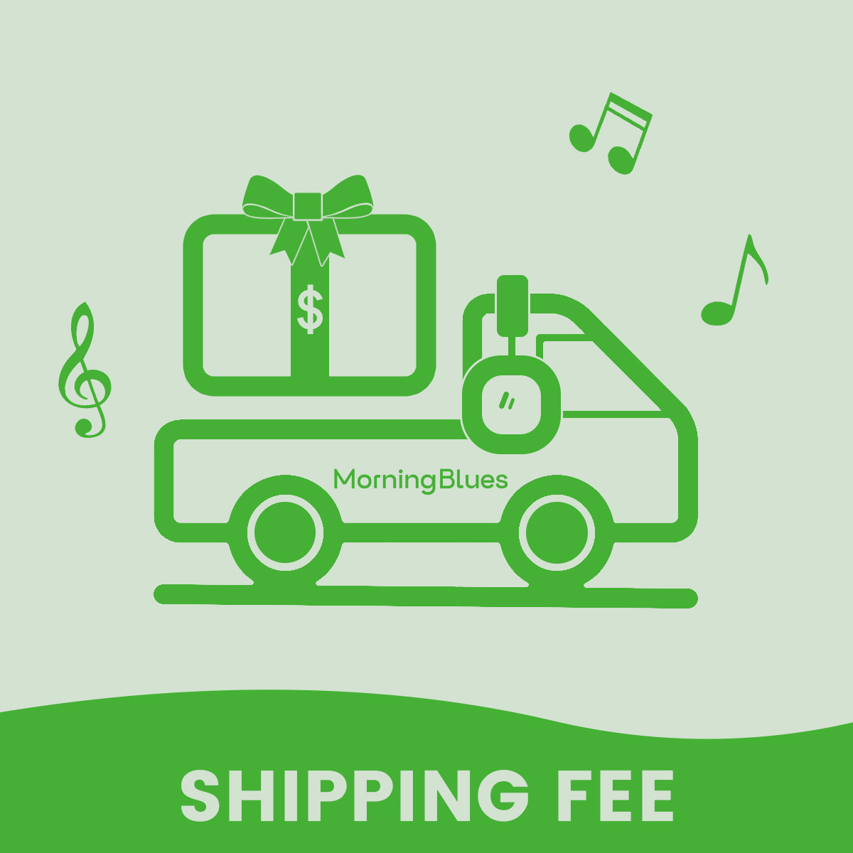 Green delivery truck carrying a gift box with dollar sign and headphones representing Shipping Fee product on Shopify.