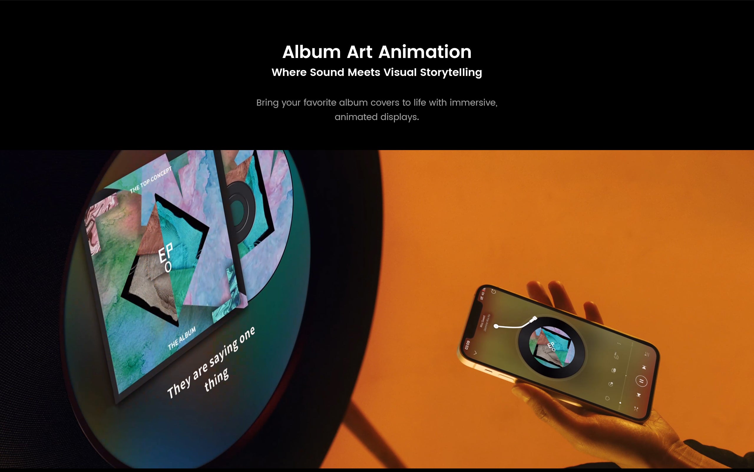 Album art animation displayed on a circular screen and a phone.