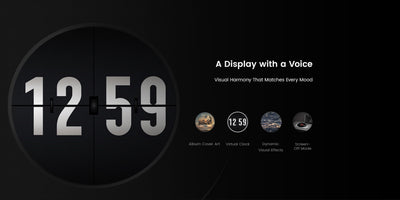 Digital clock display with time '12:59' on a black background, featuring text and icons.