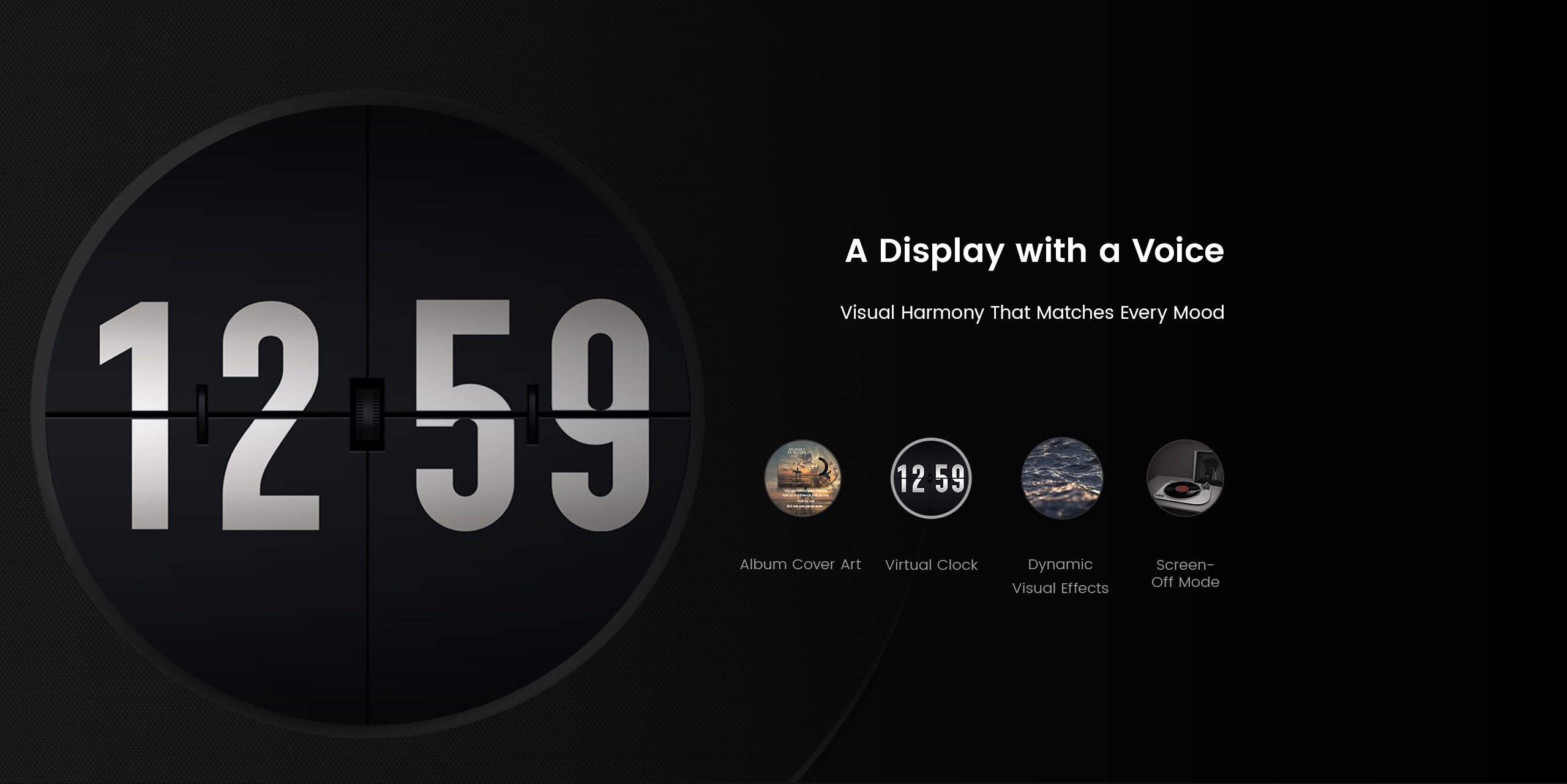Digital clock display with time '12:59' on a black background, featuring text and icons.