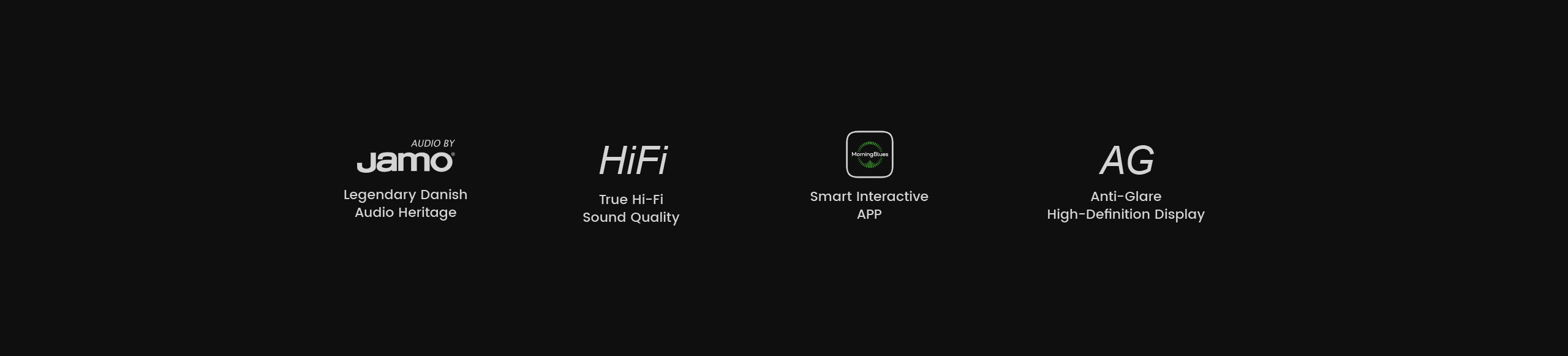 Three icons with labels 'Jamo', 'HiFi', and 'AG' on a black background