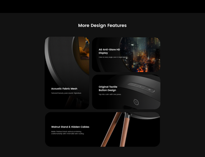 Product display with design features highlighted on a black background