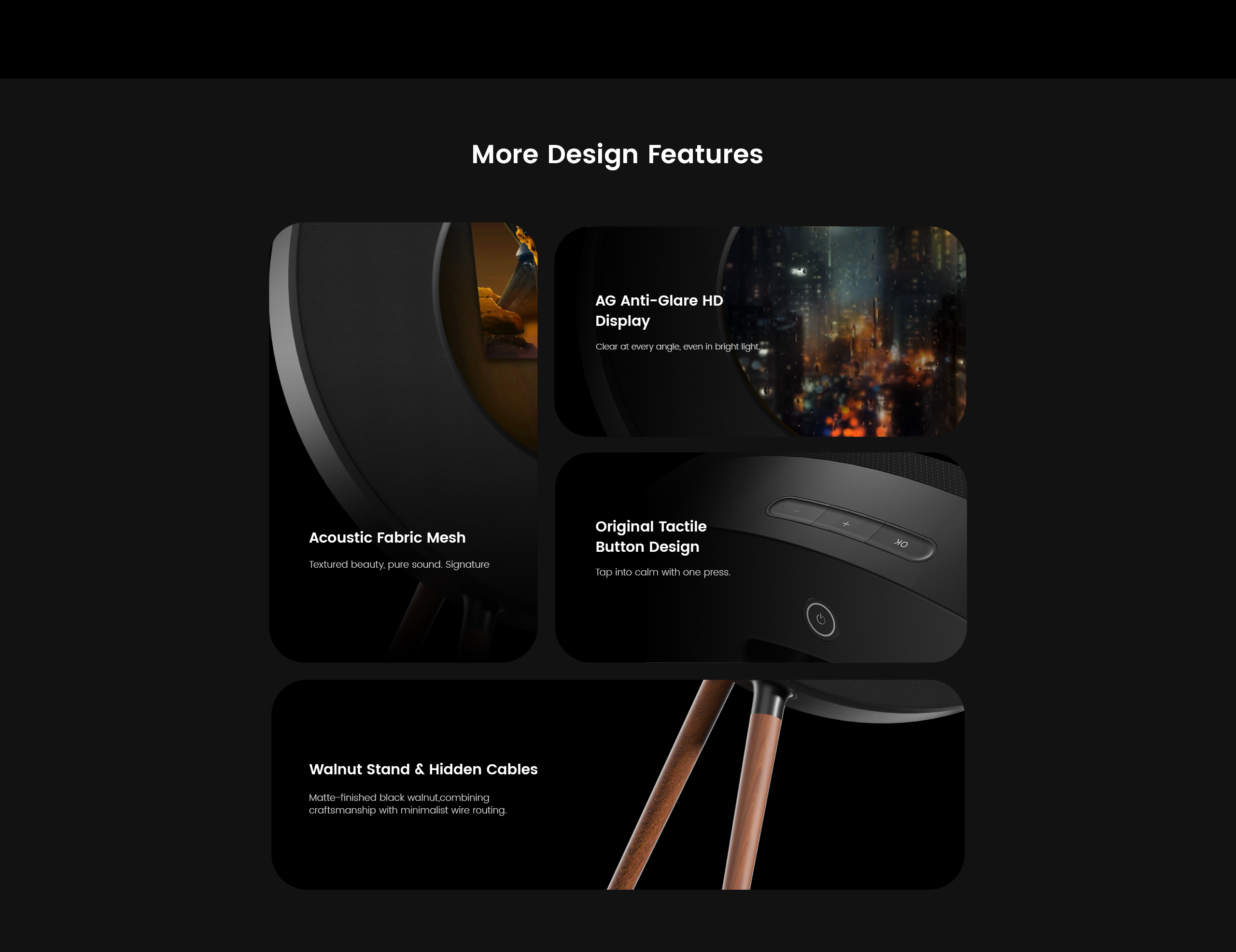 Product display with design features highlighted on a black background