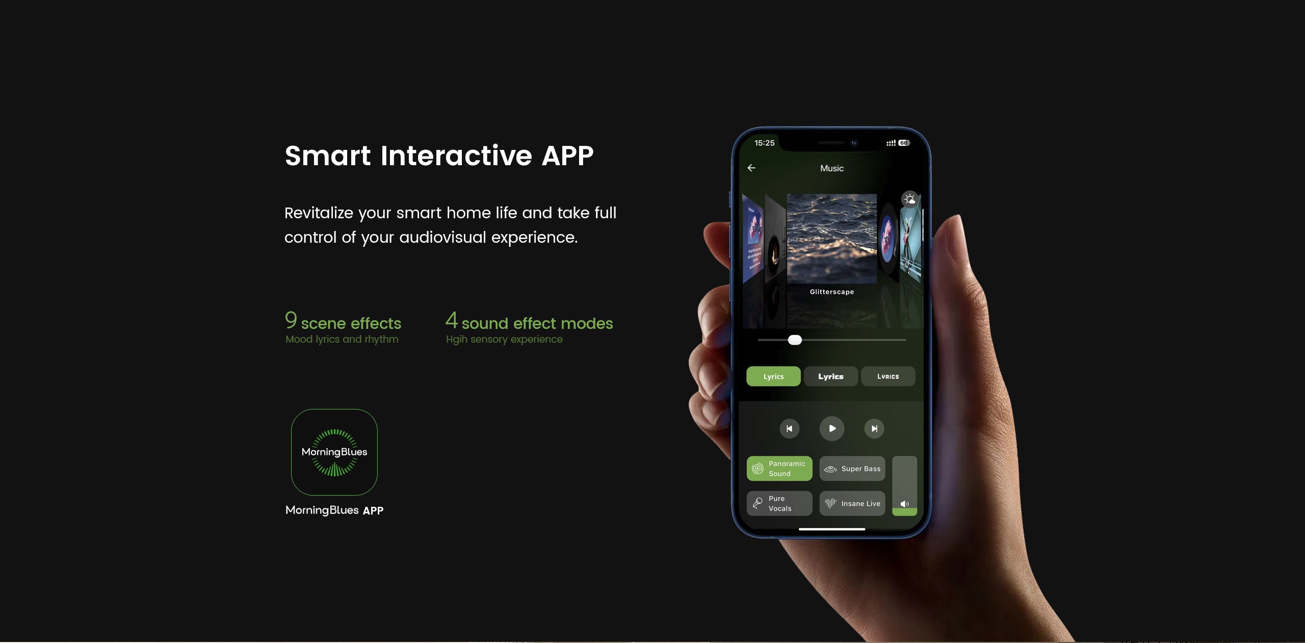 Hand holding a smartphone displaying a smart home app with text about smart interactive app features.