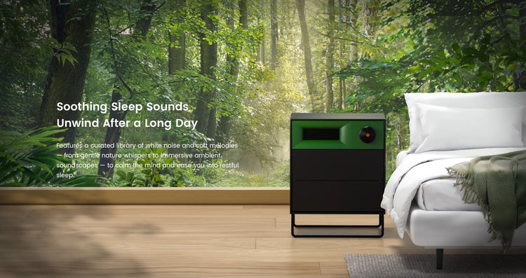 Bedroom with a green and black device labeled 'Soothing Sleep Sounds' in front of a forest view.