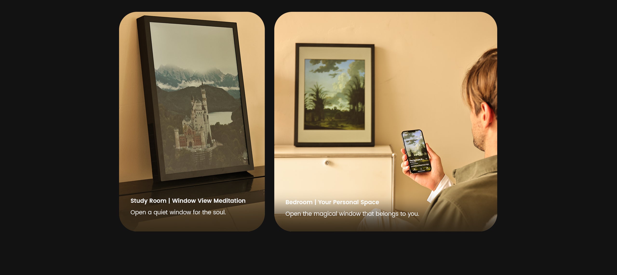 Two framed pictures on a wall with a person using a smartphone.