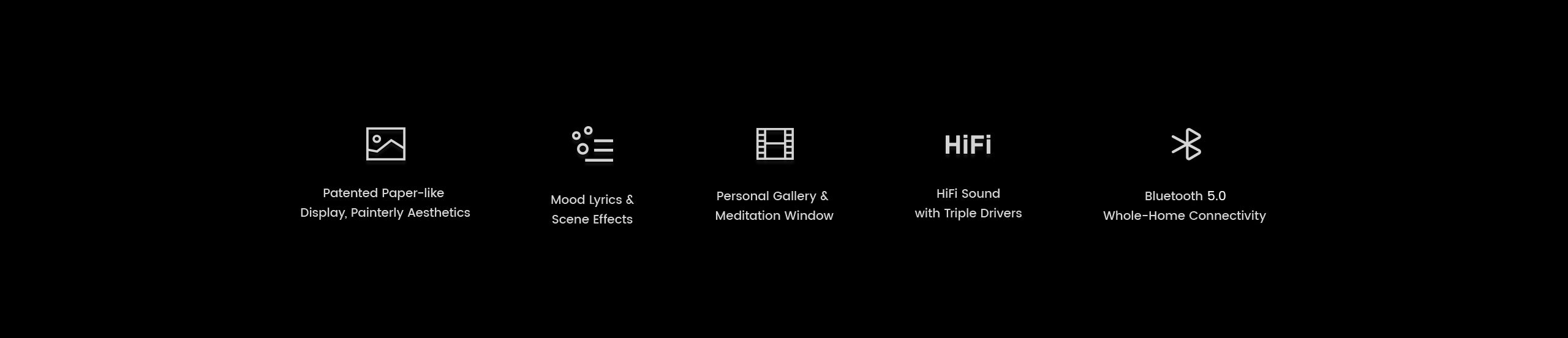 List of features including internet, display, security, storage, HIFI, and connectivity on a black background.