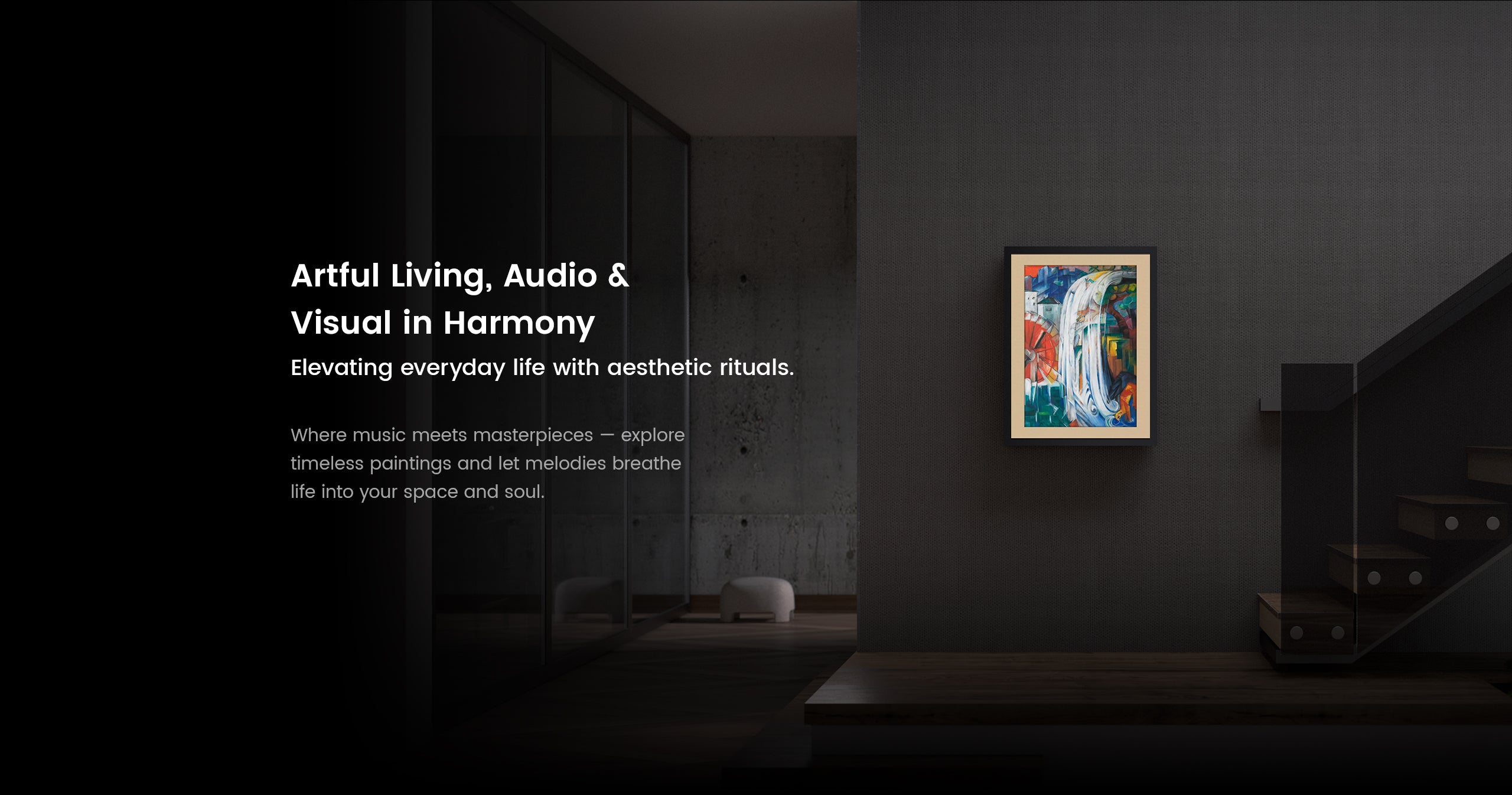 Modern interior with a framed artwork on a wall, text about artful living and audio-visual harmony.