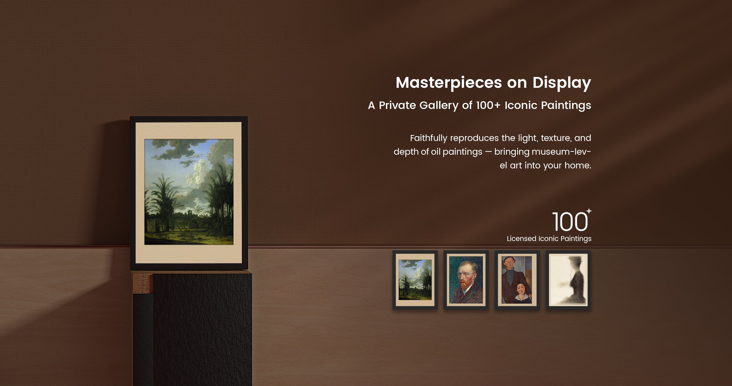 Framed painting on a brown wall with text about a private gallery of iconic paintings.