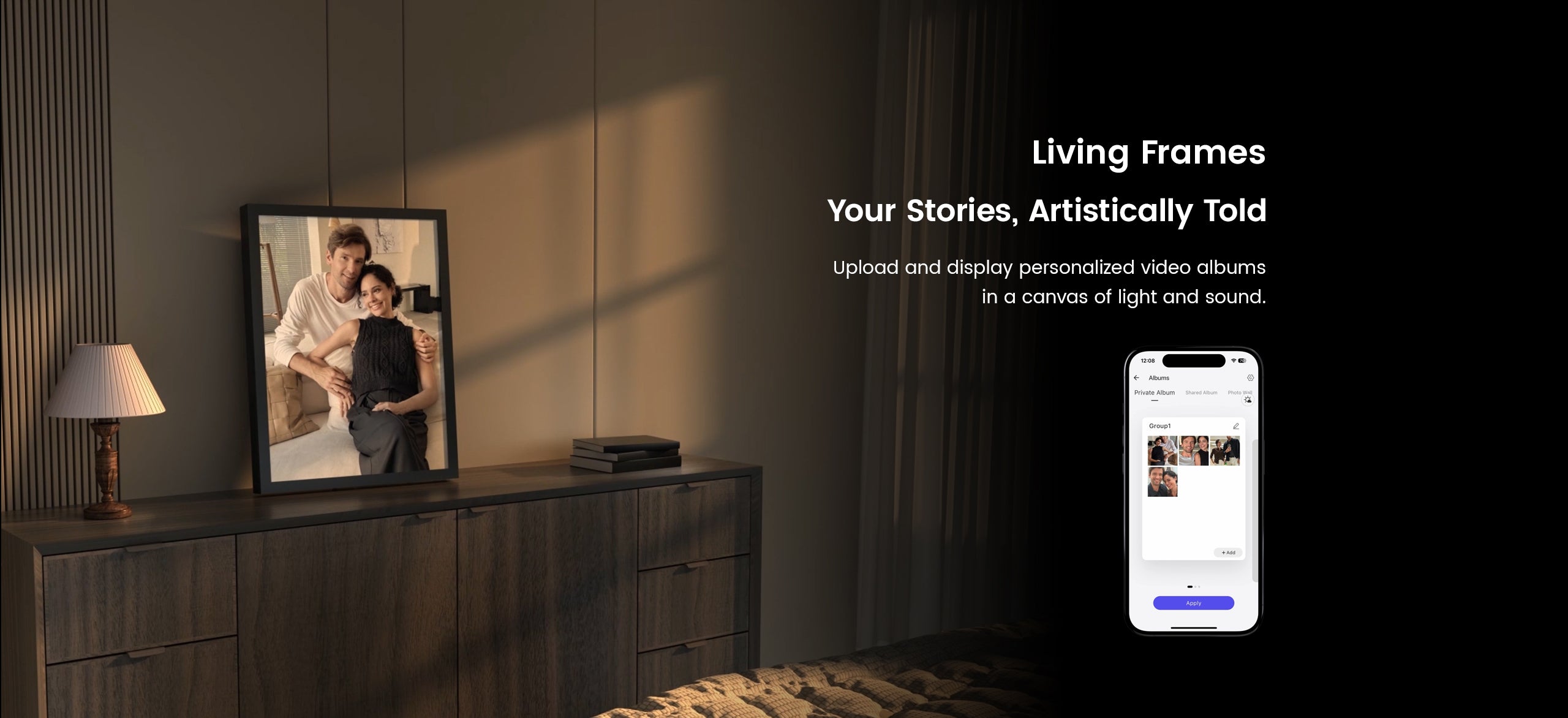 Living room setup with a framed photo on a shelf and a smartphone displaying an app interface.