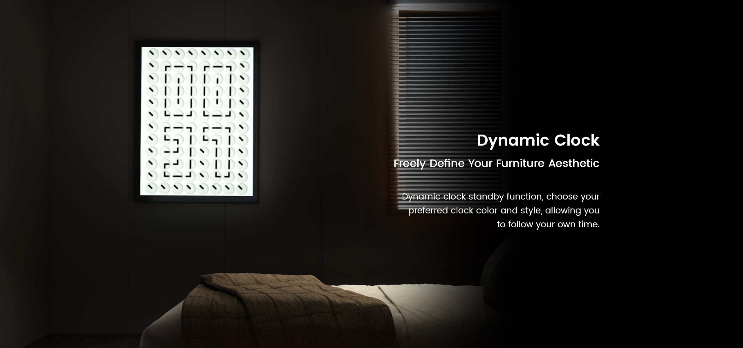 Dark room with a decorative wall panel and text about a dynamic clock feature.