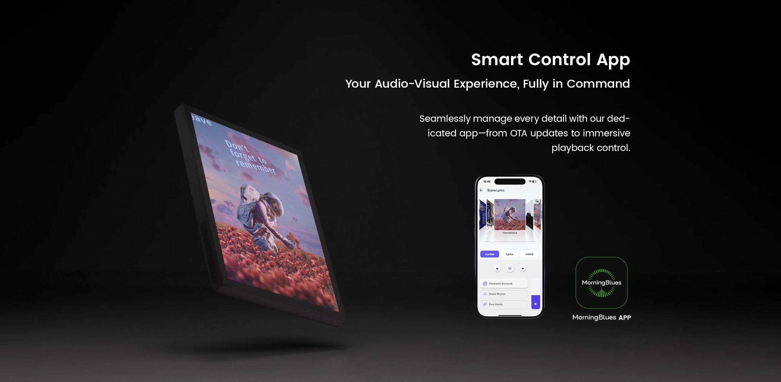 Smart control app interface with tablet and smartphone on a dark background